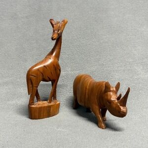 Bundle Wooden Animal Figurines Varies Brown Giraffe Rhino Carved Decor